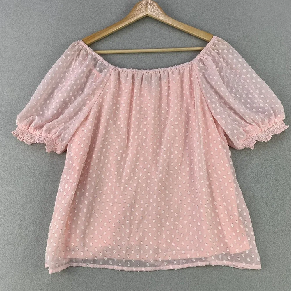 Banana Republic Swiss Dot Chiffon Blouse Women M Pink Square Neck Puff Sleeve